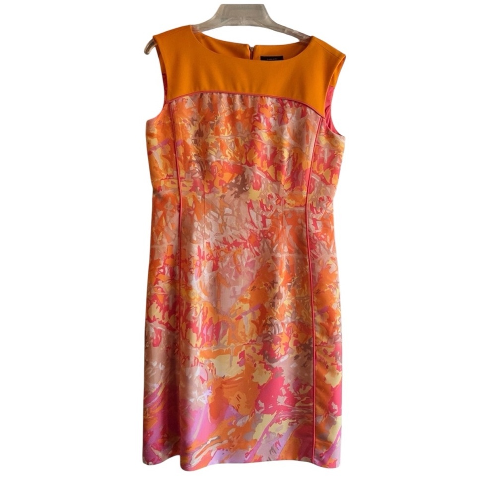 Tahari Arthur S. Levine Dress. Sleeveless Orange and Pink Dress With Zip Back.